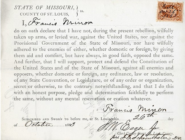 Image of a document signed by Francis Minor. Coll Missouri Historical