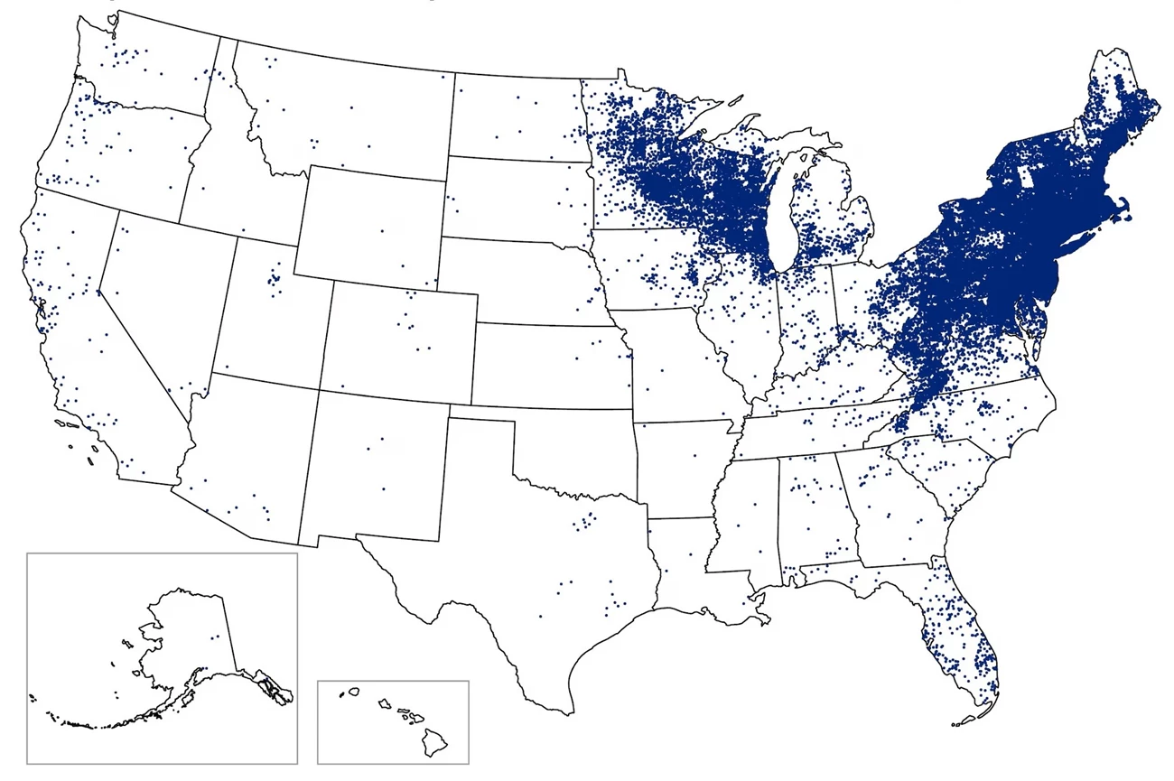 Reported Cases of Human Lyme Disease, 2022 A map of the United States with blue dots scattered across.