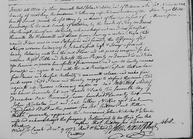 A handwritten historical document describing the manumission of Flora Vassall