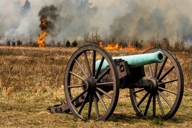 Prescribed fire burns several hundred feet behind a historic cannon near Brawner Farm.