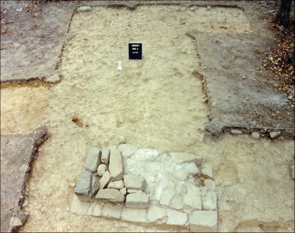 Photograph of chimney footing, depicted as stones assorted in a rectangular shape. There is a black card near the footing to mark the site