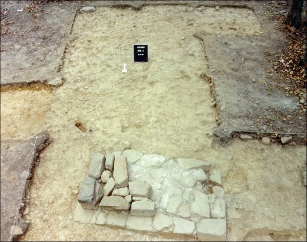 Photograph of chimney footing, depicted as stones assorted in a rectangular shape. There is a black card near the footing to mark the site Photograph of chimney footing, depicted as stones assorted in a rectangular shape. There is a black card near the footing to mark the site