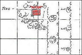 Sketched and labeled 1878 map of the Nash site. Nash Site area labeled in red.
