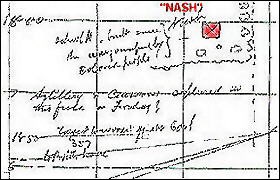 Second of 1878 maps of the Nash site with small hand-written notes. Nash site area labeled in red