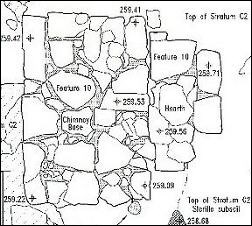 A "bird's-eye" plan view map of chimney remains of the Robinson structure, labeled with site names