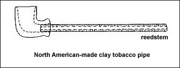 Drawing of a cross-section of a hand-made, reedstem clay tobacco pipe showing the hollow inner space.