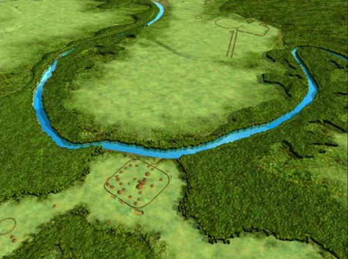 A CGI showing a winding river in the middle of thick forest and cleared green land