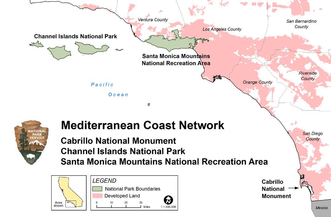 Mediterranean Coast Network National Parks Map highlighting the locations of coastal southern CA national parks in relation to surrounding developed land.