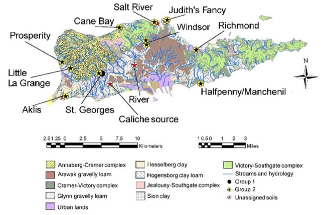 Map showing locations of soil samples and sites with ceramics used in NAA, results from NAA testing and group membership Map showing locations of soil samples and sites with ceramics