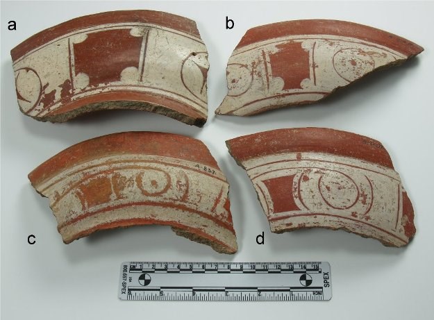 White-on-Red Wares (WOR), Prosperity style, Early Saladoid. St.Georges site. A: cat. # 2732; b: cat. # 2724; c: cat. # 2719; d: cat. # 2723. Folmer Anderson Collection, Christiansted National Historic Site Examples of White-on-Red Wares
