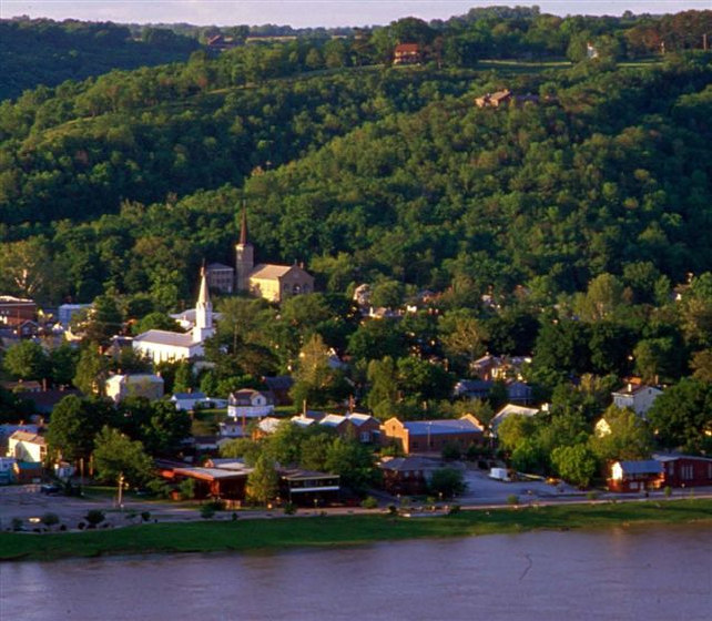 Madison, Indiana aerial view The town of Madison with houses and buildings.