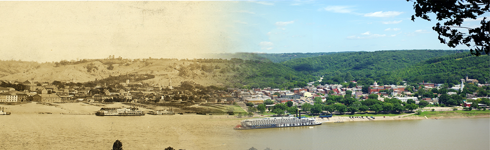 Aerial view of past Madison, Indiana merged with present day aerial view of the town.