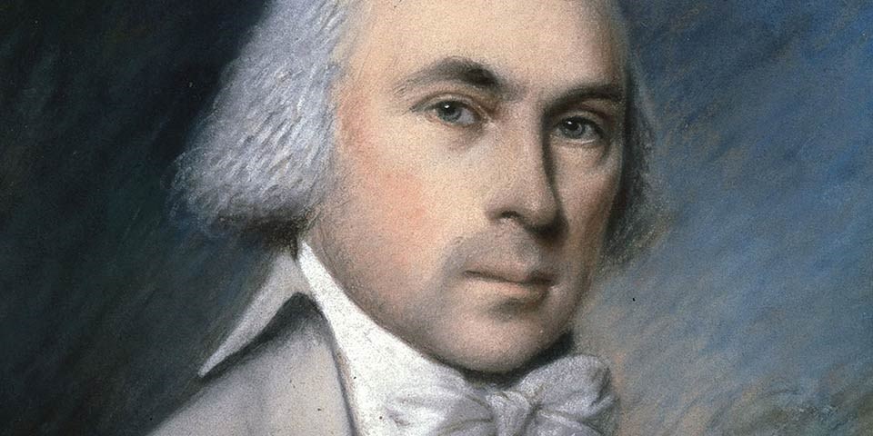 Detail, color pastel portrait showing James Madison, a man with white hair in a gray suit.