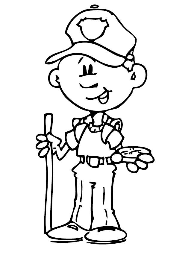 Coloring Page of a Cartoon Male Park Ranger includes a park ranger smiling, wearing a uniform with a ball cap with arrowhead, holding a compass and walking stick.