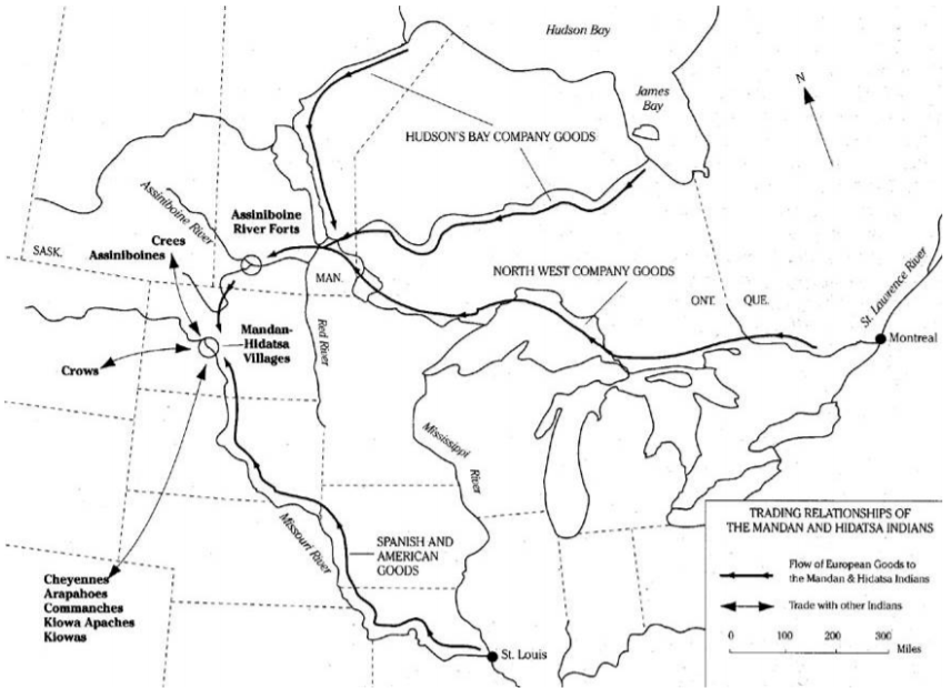 Map with arrows depicting trading in and out of the Mandan-Hidatsa Villages