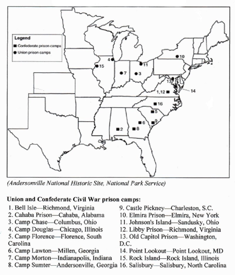 Map of Civil War prisons across the North and South.