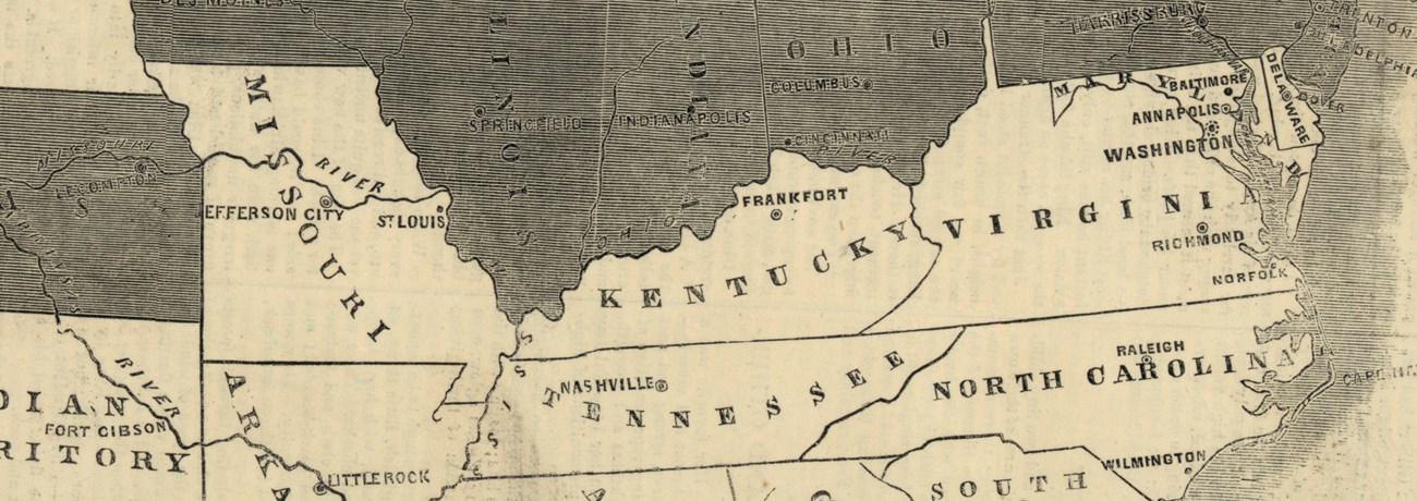 historic map of the United States cropped to show the border states
