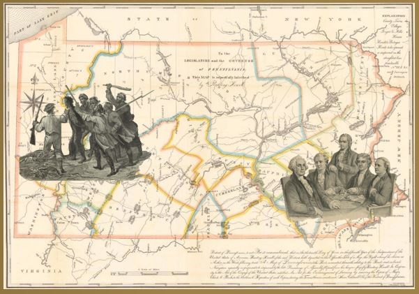 A historic map of Pennsylvania with a group of rebels in the west part of the state and President Washington and his cabinet in the eastern park of the state