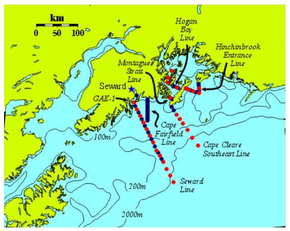 Map showing  the route of the Seward Line beginning at the head of Resurrection Bay and extending out into the Gulf of Alaska