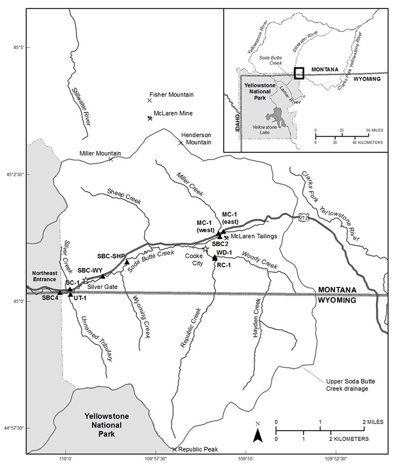 map of Soda Butte Creek with the monitoring locations marked