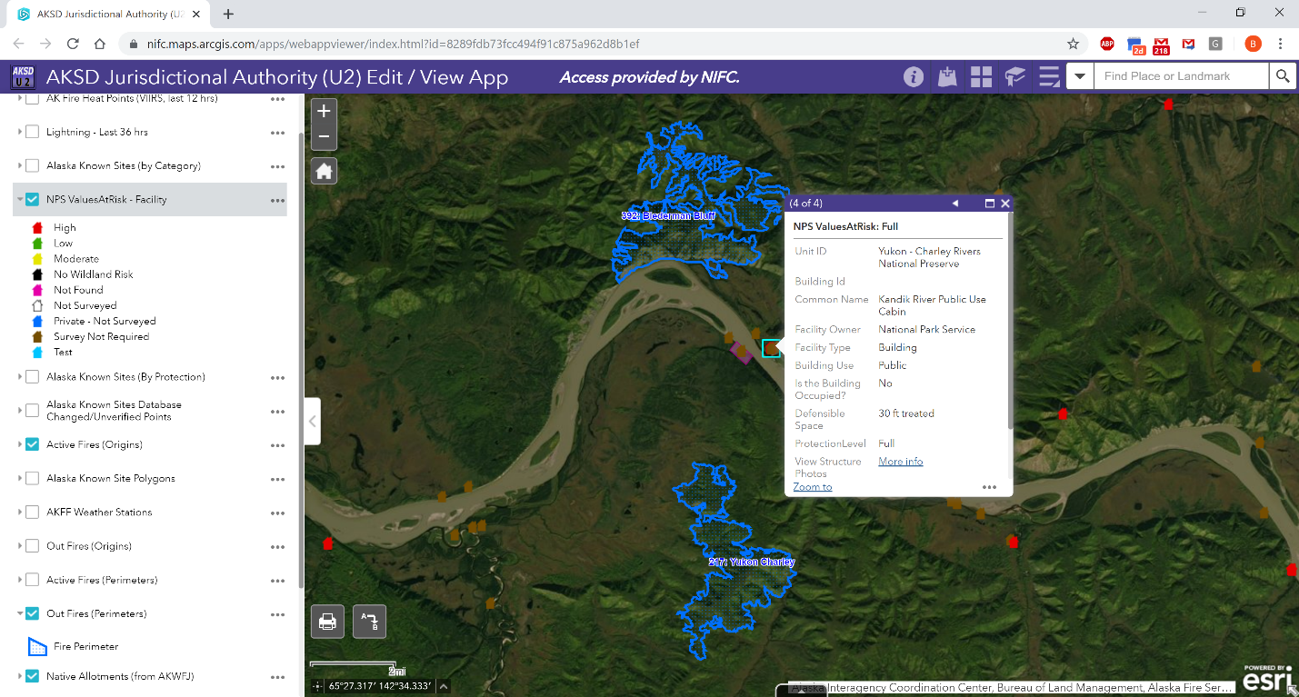 Mapping application fire perimeters Map showing fire perimeters in blue and locality of NPS structures to those firews within YUCH.