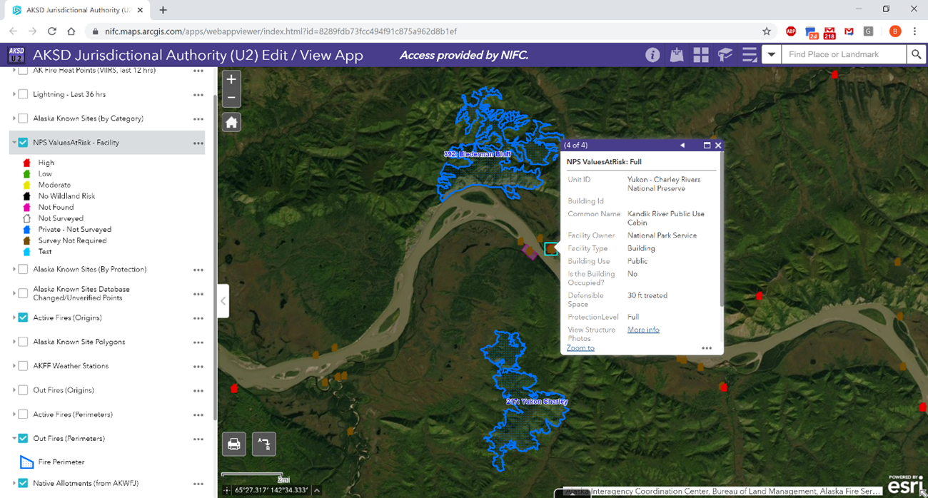 Map showing fire perimeters in blue and locality of NPS structures to those firews within YUCH.
