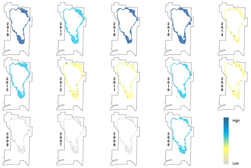 Maps of adjusted deer counts. (2005-2018) Series of maps representing adjusted deer count at Wilson's Creek National Battlefield.