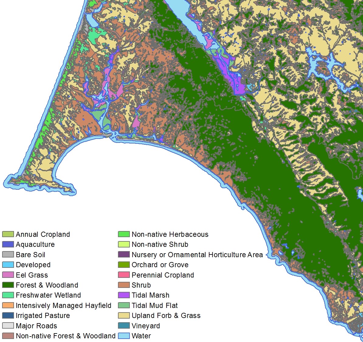 Map focused on Point Reyes National Seashore showing many different colors, each representing different land cover and lifeform classes.