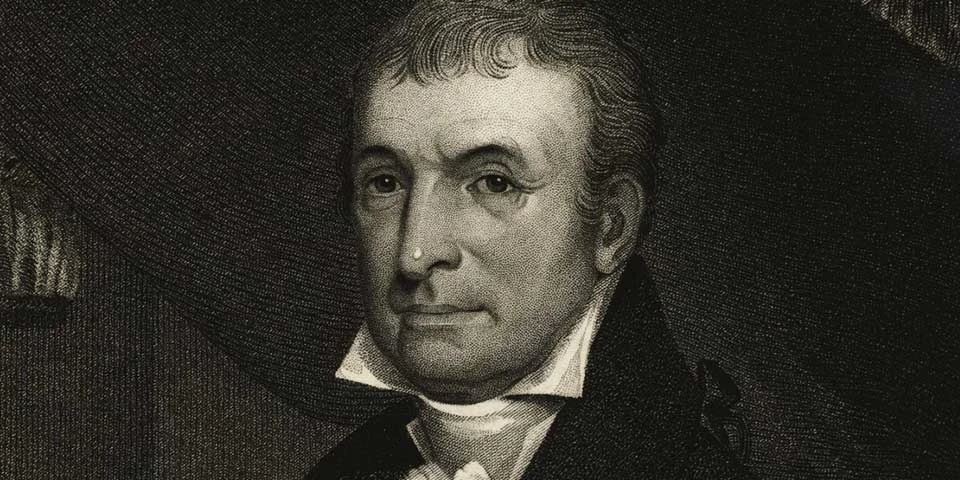 Detail, black and white engraving of Luther Martin showing his face and neck. Detail, black and white engraving of Luther Martin showing his face and neck.