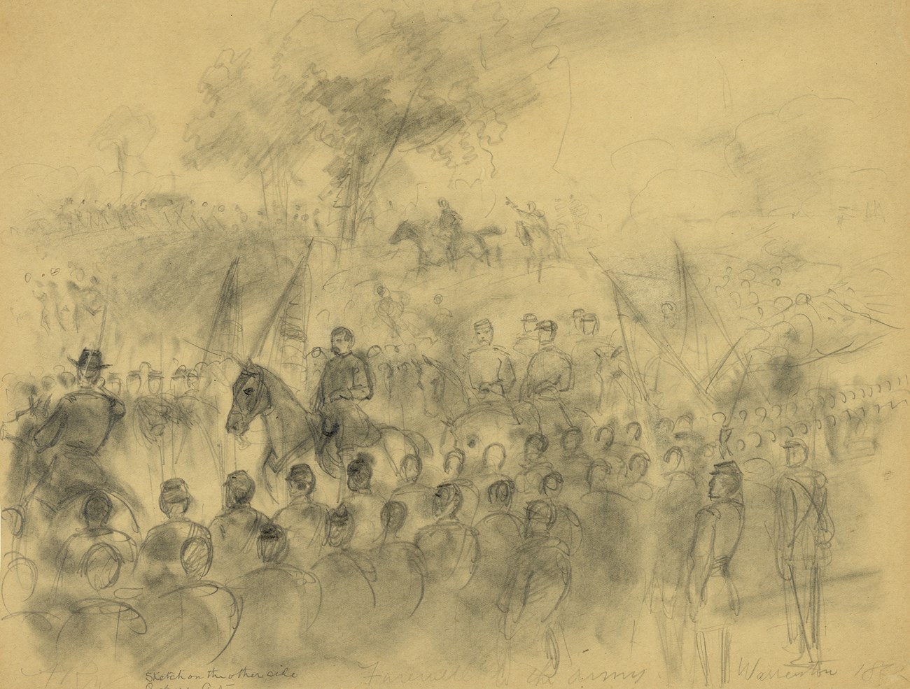 A pencil sketch of a man on horseback riding through a group of soldiers.