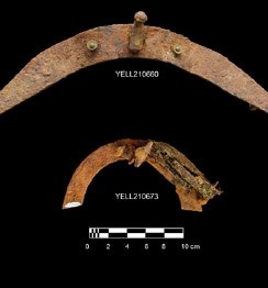 Figure 6. McClellan saddle cantle arc and plate from a McClellan saddle, recovered from the Nez Perce Mountain Bivouac Site (48YE506). Photo - Office of Wyoming State Archaeologist.