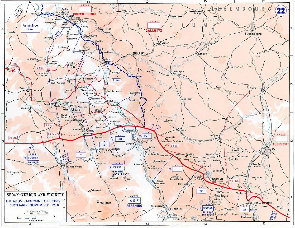 Meuse-Argonne Offensive Map showing lines of battle depicted in blue or red
