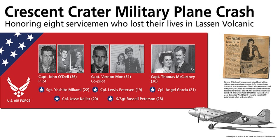 Display featuring photographs and text of military plane crash