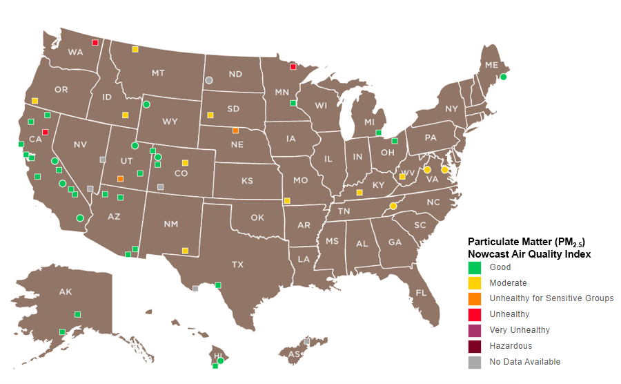 lt= Map of the United States showing the location of PurpleAir sensors across national parks.