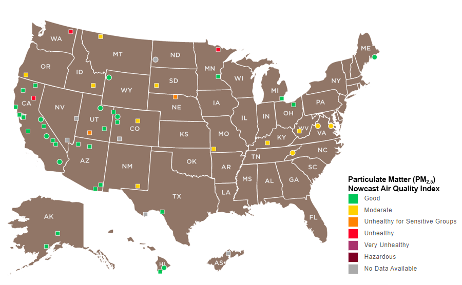 Map of the United States showing the location of PurpleAir sensors across national parks.