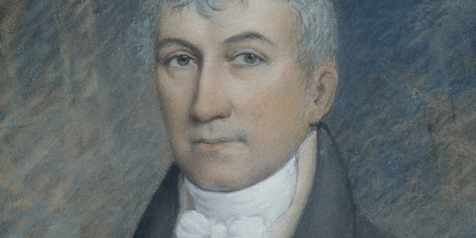 Detail, color portrait of James Monroe showing his face. Detail, color portrait of James Monroe showing his face.