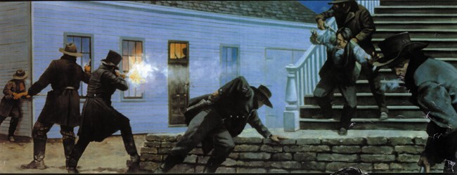 Men with guns converge on a building. Painting shows men with guns aimed toward a building. One appears to be actively firing.