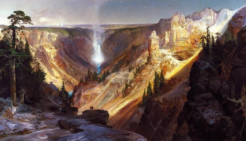 Image of a painting showing a large canyon with steep sides and large waterfall.