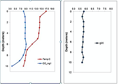 Two charts showing depth versus dissolved oxegen (left) and pH (right) for Blue Lake.