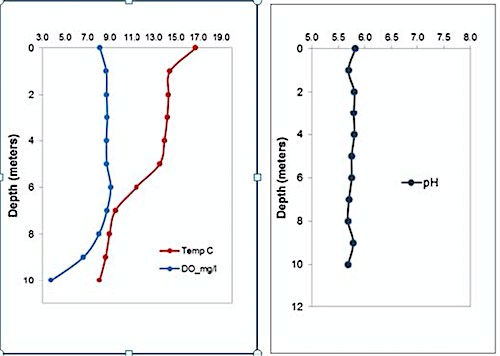 Dissolved oxygen and pH at depth. Two charts showing depth versus dissolved oxegen (left) and pH (right) for Blue Lake.