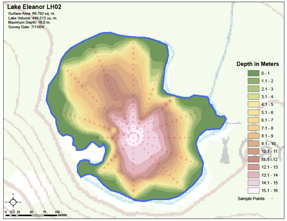 Map of Lake Eleanor marked by topographic layers of different colors indicating depth in meters.