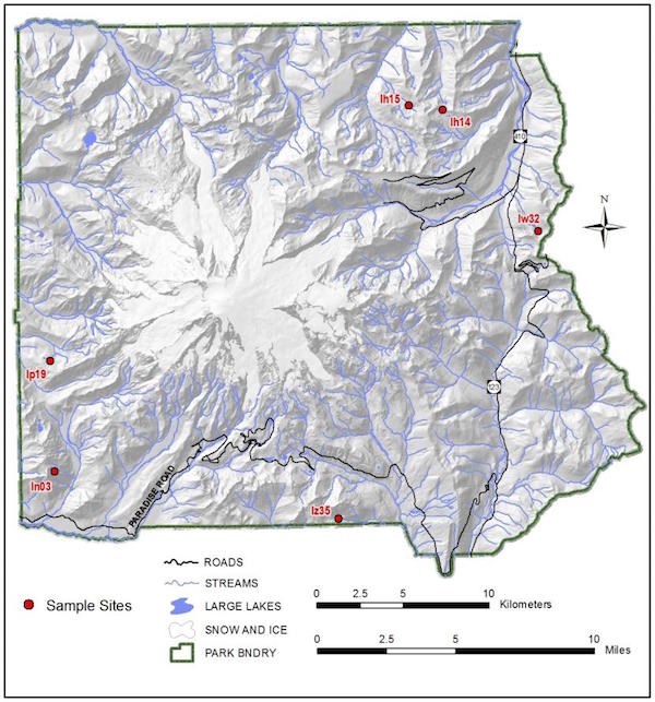 Map of Mount Rainier National Park with six lake sample sites marked by red dots.