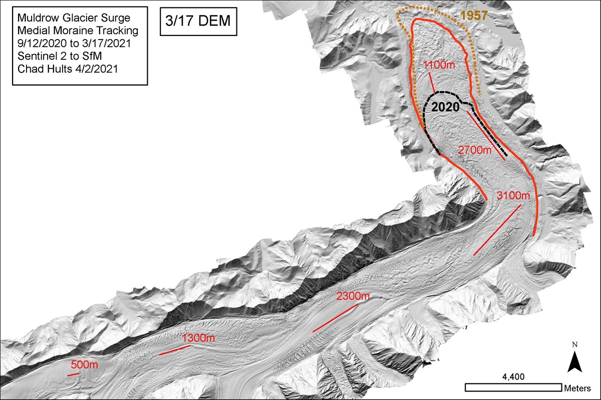 sat image illustrating movement of moraines on muldrow glacier