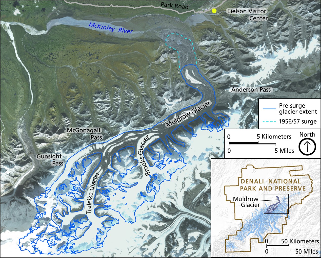 satellite image of mountains and glaciers with blue lines indicating the muldrow