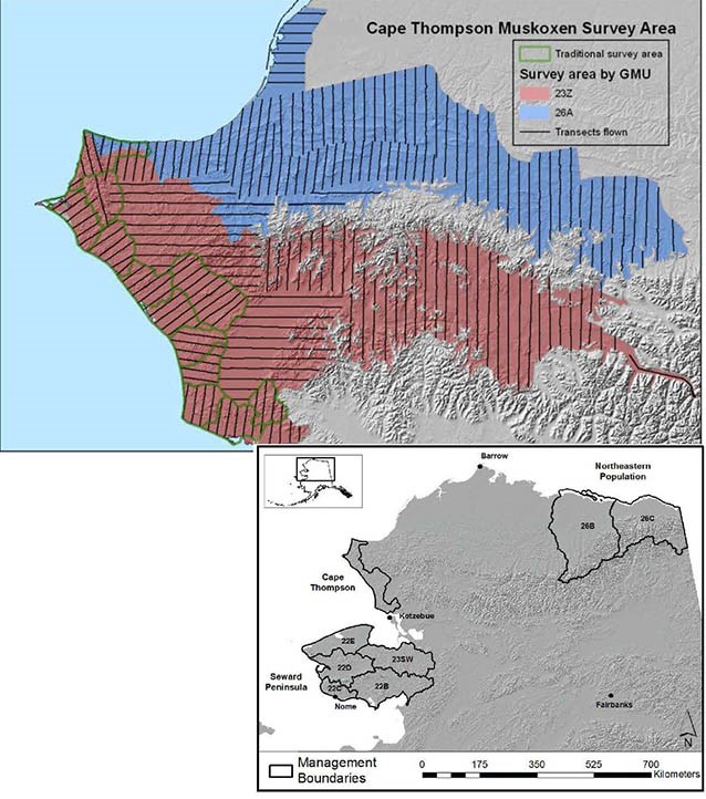 two maps, one showing game management units in northern alaska, and the other comparing GMUs and muskox survey zones on campe thompson in northwest alaska