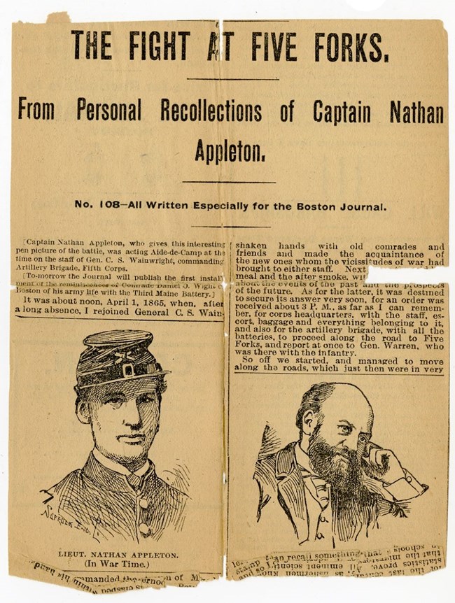 The Fight at Five Forks Newspaper clipping headline The Fight at Five Forks with two engraved portraits