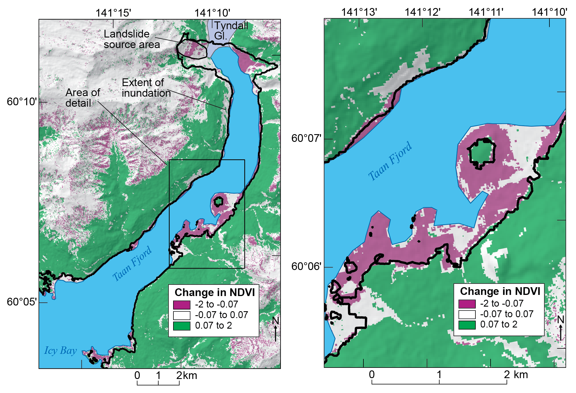 Satellite imagery of vegetation loss caused by the tsunami.