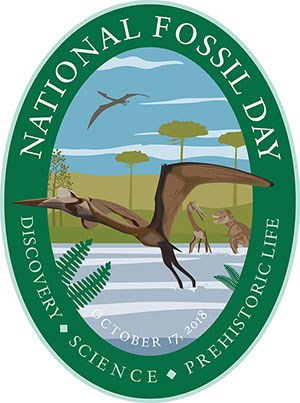 nfd 2018 badge 300 wide national fossil day 2018 oval artwork with pterosaur flying