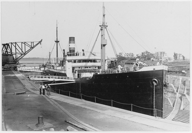 German freighter, SS Liebenfels, in dry dock at Charleston Navy Yard on May 1, 1917