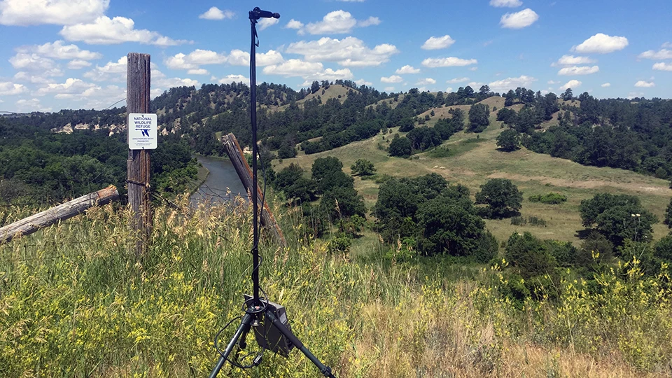 Acoustic monitoring station on the bluffs above the Niobrara River Bat acoustic monitoring equipment on the bluffs looking over the Niobrara River
